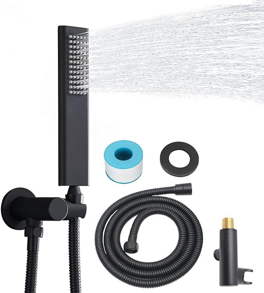Solid Brass Handheld Shower Head Arc Design High Pressure Matte Black Hand Shower Wand with Adjustable Supply Elbow Wall Connector Shower Holder and 59″ Stainless Steel Hose Set