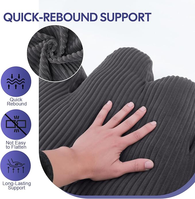 Lumbar Support Pillow for Recliner, Back Support Pillow for Office Chair, Ergonomic Corduroy Lumbar Pillow with Shredded Foam, Lower Back Pain Relief for Gaming Chair, Couch, Dark Grey
