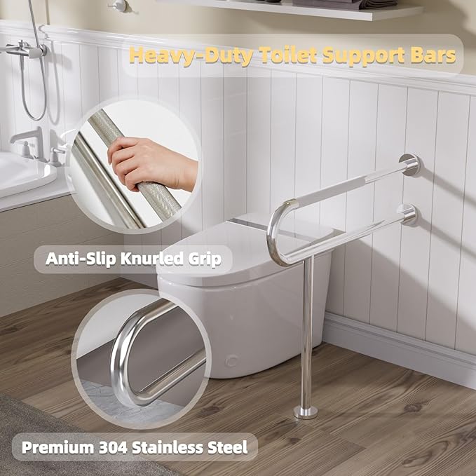 Toilet Grab Bar with Leg, Floor Mounted Knurled Safety Rail, Heavy Duty Chrome Stainless Steel Support Handle, Bathroom Stand Assist, Non-Slip Mobility Aid for Elderly, Disabled, 31 Inch