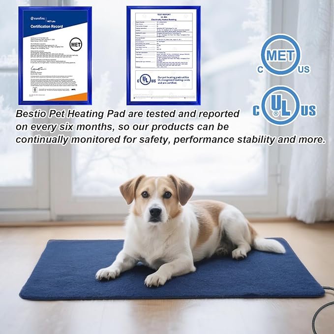 Bestio Dog Heating Pad,28×18 in Heated Dog Bed with Constant Heat & Auto Modes，MET&UL Certified Pet Heating Pad with Soothing Warmth,Chew-Resistant Cord,Waterproof Washable Cover- Blue