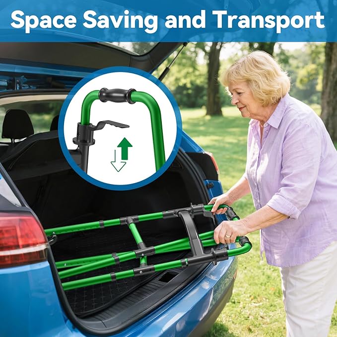 Loyoda Folding Walker with 2 Skis and 5" Wheels, Lightweight Walkers for Seniors and Adults, Supports Up to 350 Pounds, Adjustable Height, Compact Standard Walker, Green