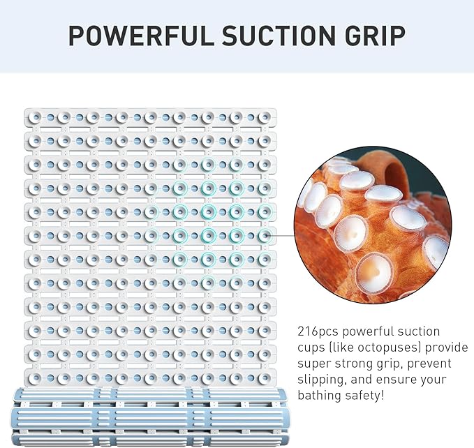 XIYUNTE Shower Mat Non Slip Bath Mat for Tub - 36 x 16 Inch Bathtub Mat Non Slip Shower Mats for Inside Shower, TPE Bath Mat with Suction Cups and Drain Holes, Easy to Cut, Blue