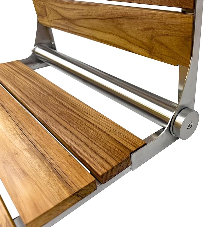 Teak Shower Seat Bench with Back - Wall Mounted Fold Up Shower Seat, Waterproof Folding Teak Bath Chair for Seniors, 304 Stainless Steel, with 300 lbs Capacity - 18" Length, Brushed Stainless Finish