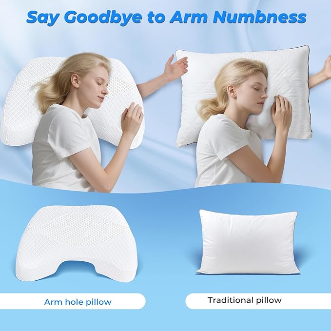 SAHEYER Side Sleeper Pillow with Arm Hole, Upgraded Memory Foam Shoulder Pillow for Neck Pain Relief, Adjustable Multi-Angle Arm Tunnels Support for Adults Pressure-Free Sleep (White)