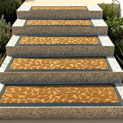 Stair Treads Outdoor for Wooden Steps, Non-Slip Rubber Brown Stair Runner Rugs, 2 Pcs 8.5" x 30" Heavy Duty Stair Mats for Outside Steps, Weatherproof Grip for Elders, Dogs & Kids, Yellow Leaves.