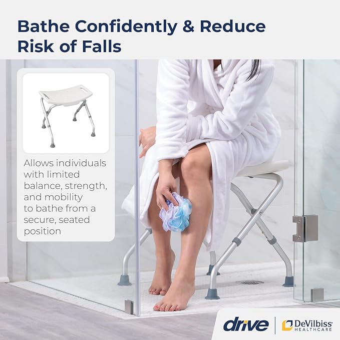 Drive Medical 12486 Folding Shower Chair, Bath Bench with Drainage Holes and In-Seat Handles, Supports Users Up To 300 Pounds, White