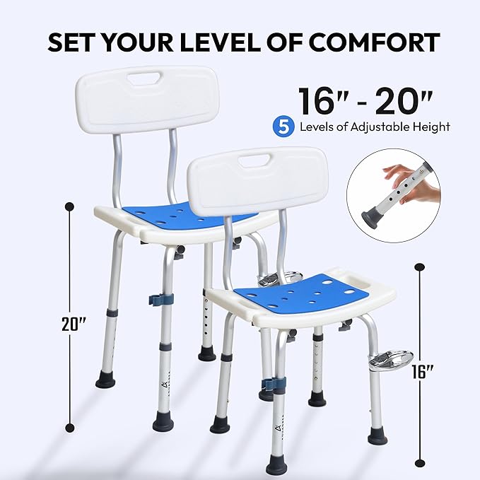 Shower Chair for Inside Shower With Soap box - Height Adjustable Shower Chair for Elderly and Disabled with Removeable Back & Enhanced Non-Slip Feet - Lightweight Aluminum Construction - Blue