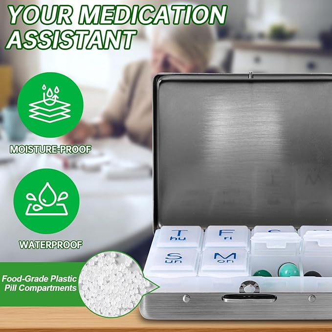 Portable Metal Travel Pill Organizer (7 Days a Week), Large Capacity 8 Compartments, BPA-Free (M-Antique Silver, Medium)