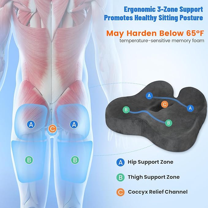 Wheelchair Seat Cushion, Premium Memory Foam Office Chair Cushion, Supportive Donut Pillow for Sciatica, Tailbone & Back Relief, Ergonomic Long Sitting Chair Pad for Car, Airplane, Grey