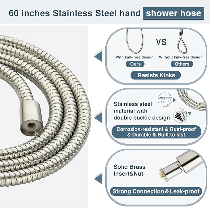 BRIGHT SHOWERS 9 Spray Settings Shower Head with Handheld High Pressure Brushed Nickel Hand Held Showerhead with 60 Inch Stainless Steel Hose and Adjustable Overhead Bracket