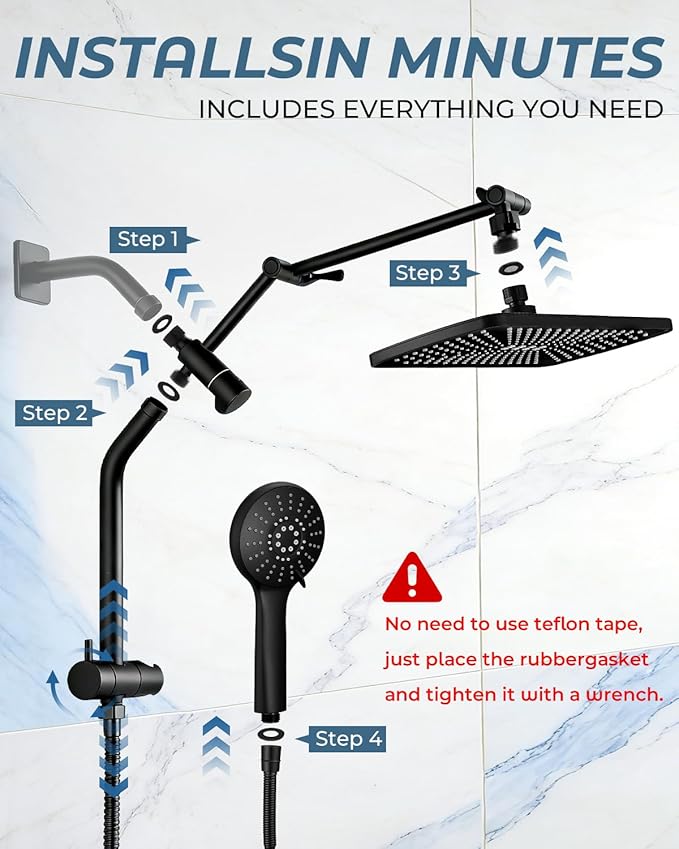 11.8" Rain Shower Head with Handheld, High Pressure Handheld Shower with Multi Spray Modes, Rainfall Combo with Metal Extension Arm, Detachable Dual Showerhead, Bathroom Decor, Matte Black