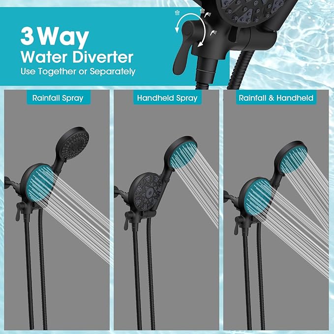 FASDUNT Dual Handheld Shower Head Combo, Enjoy 6-Setting Rain Showerhead and 6-Setting Hand Held Shower Separately or Together, 2 in 1 Showerhead with 80" Extra Long Stainless Steel Hose, Black