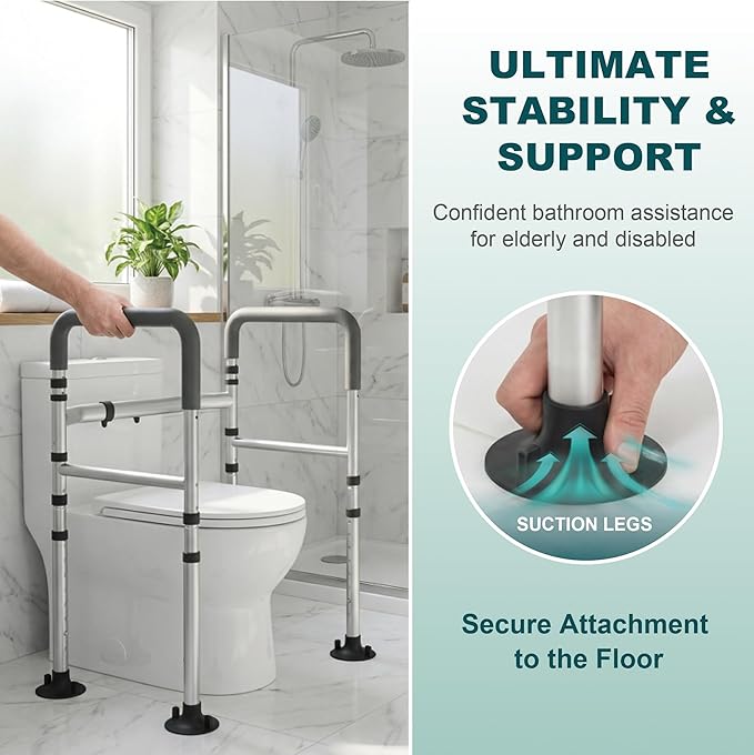 Adjustable Toilet Safety Frame with Handles - Foldable Bathroom Grab Bar for Elderly & Disabled, 350 lbs Capacity, Fits Any Toilet (Includes Tissue Holder & Storage Bag)
