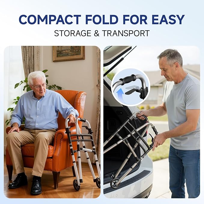 Loyoda Walkers for Seniors Foldable, Aluminum Lightweight Walker with Wheels, Adjustable Height & Width Standard Walkers for Elderly & Disabled, 350 lbs Capacity, Silver