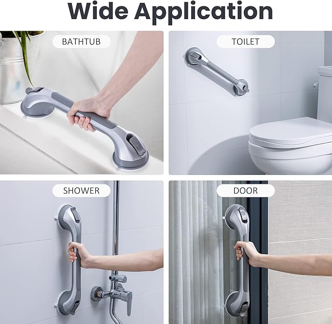 LEVERLOC Grab Bars for Shower 2 Pack, Suction Grab Bar Shower Handle for Bathroom Removable Handrails for Seniors Elderly Heavy Duty Safety Grip Waterproof Drill Free, Silver