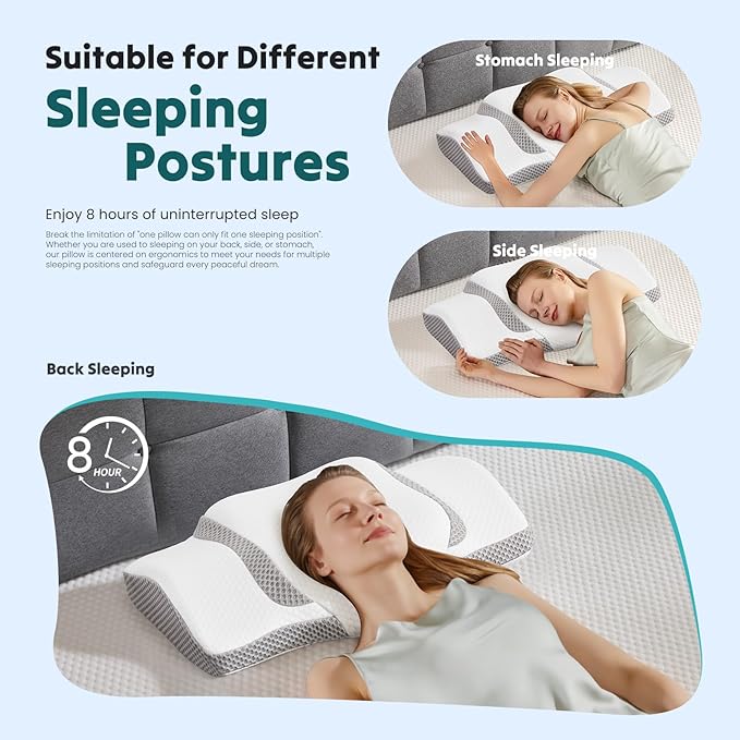 DUMOS Cervical Neck Pillow for Sleeping, Cooling Ergonomic Memory Foam Pillow with Arm Rest Slot and Ice Silk Pillowcase, Dual Height Orthopedic Support Contour for Side, Back, Stomach Sleepers