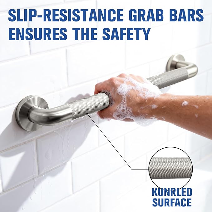 16 Inch Stainless Steel Grab Bar for Shower & Bathtub - Anti-Slip Safety Handle with Knurled Grip, Heavy-Duty Bathroom Hand Rail for Elderly Disabled, Secure Mounting Rustproof Easy Installation