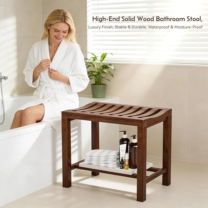 Rubber Wood Shower Bench, Non-Slip Waterproof Wooden Shower Stool for Adults & Elderly, Sturdy Bath Seat for Inside Shower or Tub – 20.08" D x 14.96" H x 6.3" W