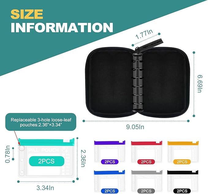 Timueetech A7 Waterproof Pill Organizer with 14 S Zippered Pill Pouches for A7 Binder, Small BPA-Free Weekly Medicine Organizer, Color-Coded Reusable Travel Pill Storage System