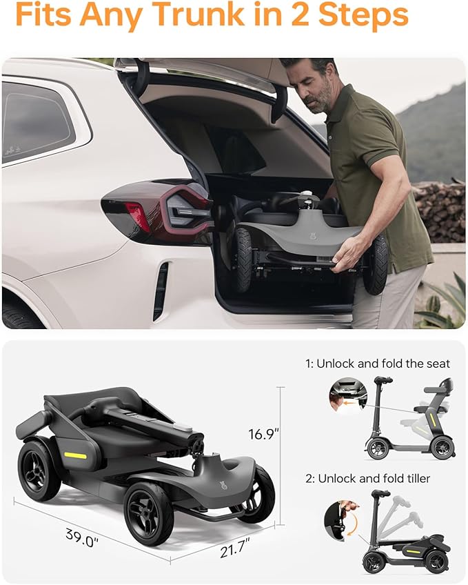Paiseec S3 Pro Mobility Scooters for Adults, 40 Miles Long Lasting Mobility Scooter, Lightweight Travel Scooter for Seniors, 300 lbs Capacity, AI Speed Control, 250W Motor (Grey-40miles-S3)
