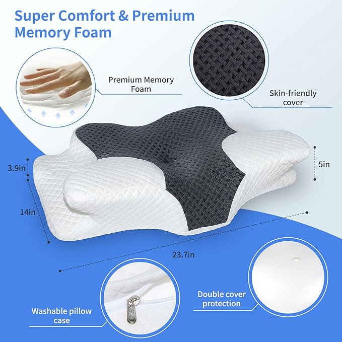 Cervical Neck Pillow for Pain Relief, Hollow Design Memory Foam Bed Pillow for Side & Back Sleepers, Ergonomic Orthopedic Bed Pillow with Adjustable Support (White with Black)
