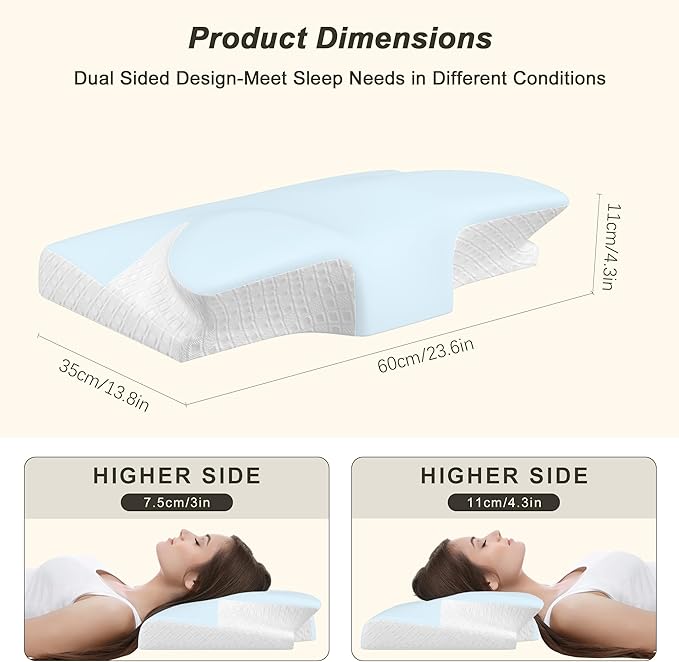 Cervical Pillow for Neck Pain Relief - Cooling Ergonomic Memory Foam Pillow with Arm Rest Slot & Ice Silk Pillowcase, Dual-Height Orthopedic Support Contour Pillow for Side, Back, Stomach Sleepers