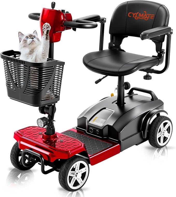 4 Wheel Mobility Scooter for Seniors & Adults 15 Mile Range, 6 MPH Powered Mobility Scooter with 300 lbs Capacity, Foldable Compact Mobility Scooter for Travel, Electric Wheelchair Red