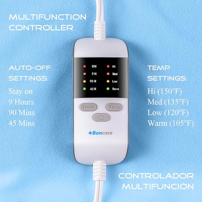 Boncare® Vinyl Large Heating Pad 3 Timers and Stay on for Back Pain Relief and Cramps, 4 Temperature Settings Hot Electric Heat Pad with Washable Cover Blue (12"x 24")