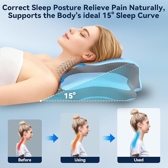Sleep Apnea Pillow with Neck Pain & Snoring Relief -Orthopedic Cervical Pillow, Ergonomic Contour Memory Foam for Side, Back,Stomach Sleepers, Medium Firm (Blue,Queen Size)