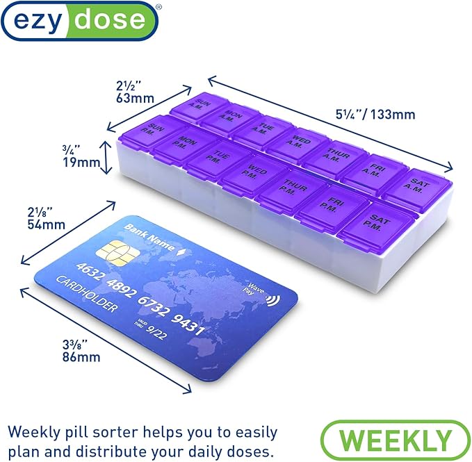Ezy Dose Weekly (7-Day) Daily AM/PM Pill Organizer, Vitamin Planner, and Medicine Container, Case for Supplements and Fish Oils, Medium Compartments, 2 Times a Day, Purple, BPA Free