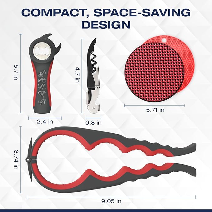 Jar Opener for Weak Hands with 5-in-1 Bottle Opener, Corkscrew Wine Opener, Firm Jar Gripper Pad and 2 Non Slip Rubber Grip Mats, Multifunction Kitchen Tool Set for Seniors, Easy Lid Removal-Red