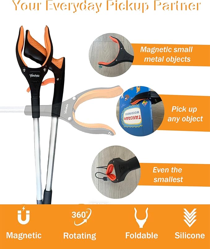 2 Pack Grabber Reacher Tool, 32" Foldable Reacher Grabber Pickup Tool for Elderly, Orange Heavy Duty Rotating Jaw Trash Litter Picker, Lightweight Arm Extension Mobility Aid for Disabled
