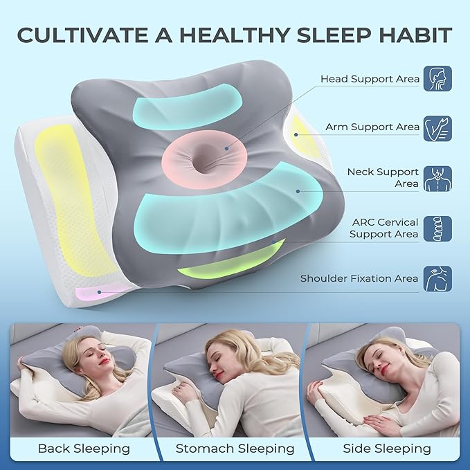 BDEUS Cervical Pillow for Side Sleepers, Neck Pillow for Sleeping, Memory Foam Ergonomic Pillow for Neck Pain Relief, Butterfly Contour with Arm Grooves, Dual Height Cooling Washable Cover, Grey