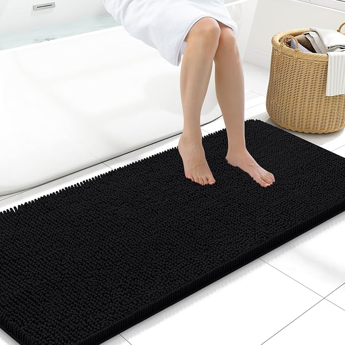 Arotive Bathroom Rugs 59x20, Extra Soft Absorbent Shaggy Chenille Bath Rugs, Machine Washable Rubber Backing Non-Slip Bath Mats for Bathroom Floor Tub and Shower, Home Decor Accessories,Black
