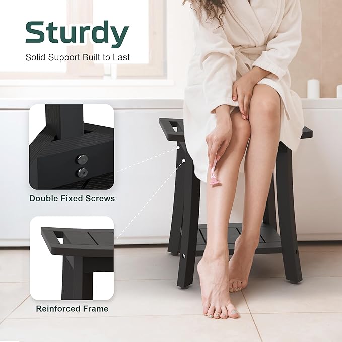 Waterproof Shower Benches for Inside Shower, Poly Lumber Shower Stool with Storage Shelf & Adjustable Feet, SPA Bathroom Seat Chair for Shaving Legs, Indoor or Outdoor Use, Black