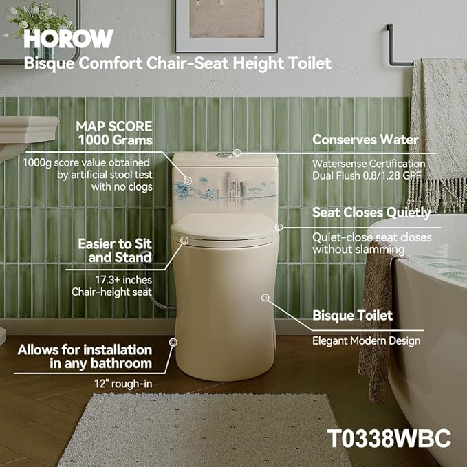 HOROW T0338WBC Elongated One Piece Toilet Bisque, ADA Toilet 17.3" with Comfortable Chair Height Seat, Modern Toilet for Bathroom, Dual Flush 0.8/1.28 GPF, 12" Rough-in Toilet Bowl Bisque
