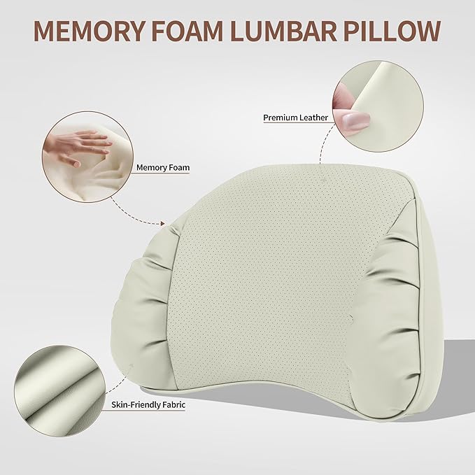 Lumbar Support Pillow for Car Seat, Memory Foam Leather Lumbar Pillow for Lower Back Pain Relief - Back Cushion for Driving, Chair Support for Office Chair, Gaming Chair, Off White, 1 Pack