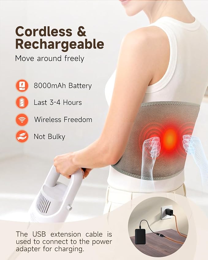 Cordless Heating Pad with Massager for Back Pain Relief, Portable Wearable Heat Belt for Lower Back 8000mAh Rechargeable Wireless Electric with 3 Heat 3 Vibration, Gifts for Women Men Mom Dad Seniors