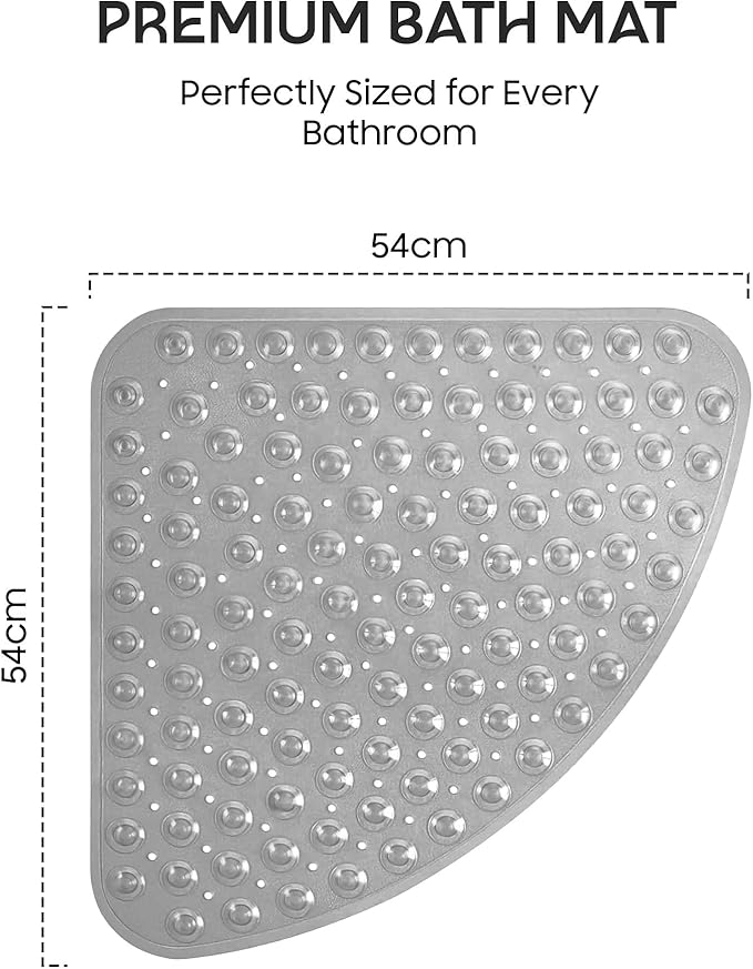 ADOV Corner Shower Mat Non Slip, 21x21 inch Curved Shower Mats for Inside Shower, Anti-Slip Bath Mat with Strong Suction Cup, Drain Holes, Machine Washable, Ideal for the Elderly (Grey)