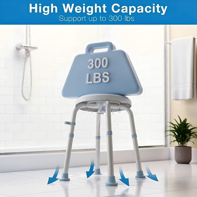 WHLICKS Swivel Shower Stool for Inside Shower, 360° Rotating Stool with Non-Slip Seat Pad, Adjustable Shower Chair for Seniors with 6 Height Levels, Lightweight Seat Up to 300 lbs, Tool-Free Assembly