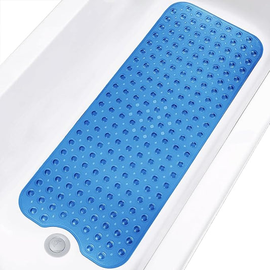 Linoows Bathtub and Shower Mats, Extra Long Non-Slip Bath Tub Mat 39 x 16 Inch, Machine Washable Bathmat with Suction Cups & Drain Holes for Bathroom Floor, Clear Royal Blue