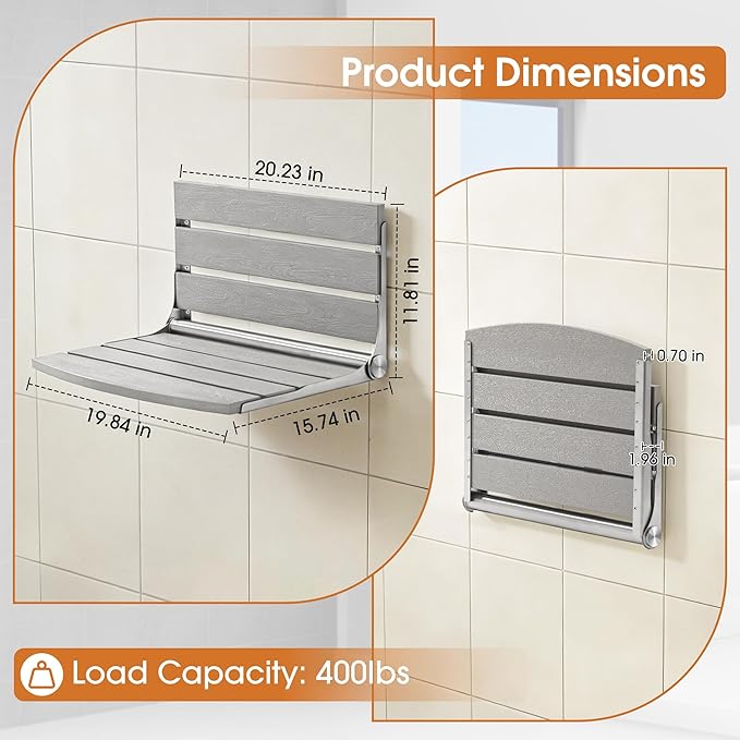 20" Folding Shower Seat, Fold Down Shower Seat Wall Mounted, Stainless Steel Frame with HDPS Seat, 400 lb Load Capacity, Folding Shower Bench for Seniors & Elderly (Gray)