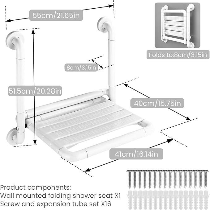 16-Inch Wall Mounted Shower Seats with Armrests, Space-Saving Foldable Shower Bench for Small Bathrooms, Safety Wall-Mounted Foldable Shower Chair with Reflective Strips, Holds up to 330 lbs