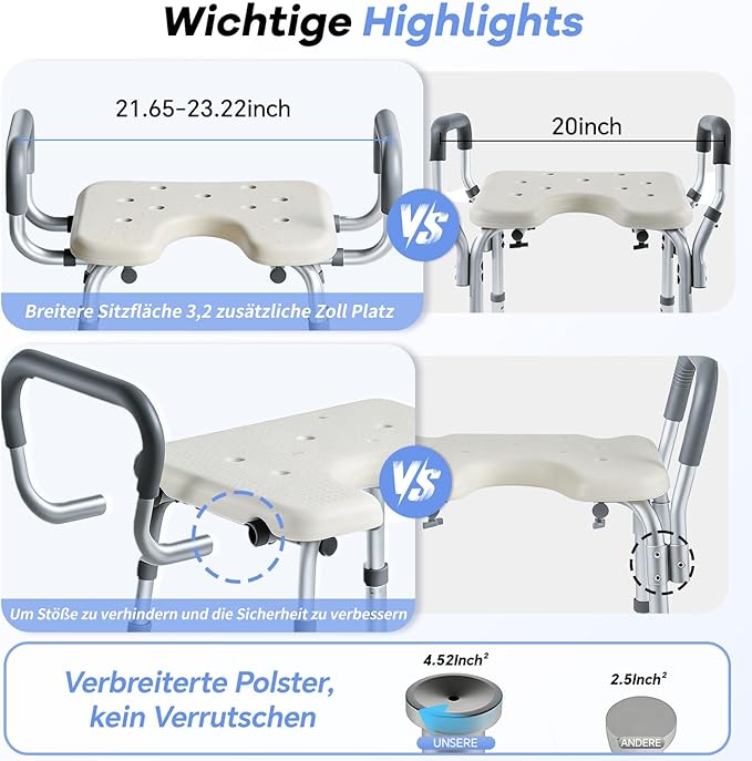 U 2-Level Width Adjustable Heavy Duty Shower Chair for Inside Shower and Tub w/Reinforced X-Bar, 550lbs Shower Seat for Bathtub w/Arms and Back for Seniors, Handicap, Bariatric, Elderly and Disabled
