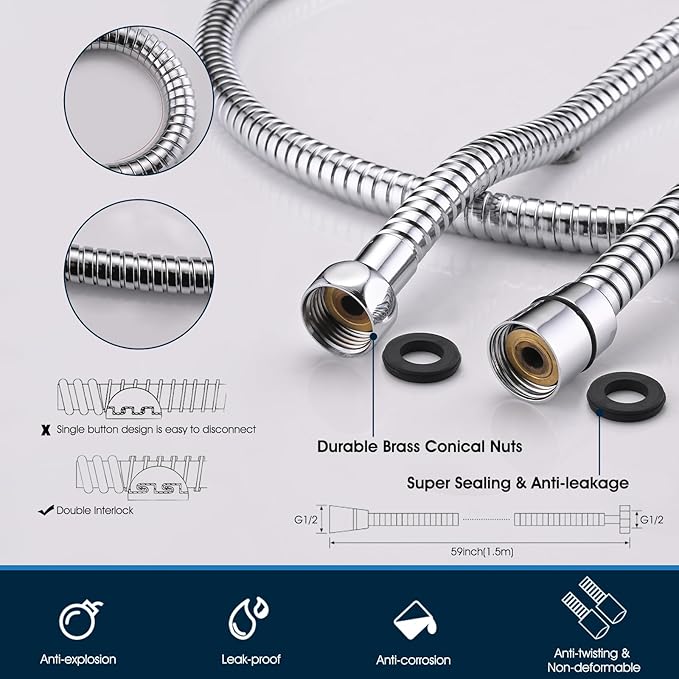 All-Metal High Pressure Square Handheld Shower Head with Jet Spray and Rainfall Modes, Volume Control Regulator, ON/OFF Switch, Hose and Wall Mounted Adjustable Bracket, Chrome Color