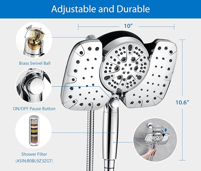 INAVAMZ 2-in-1 Shower Heads with Handheld 2.5GPM: 10” Rain Shower Head & Hand Held Shower Head, 9 Spray Settings Detachable Shower Head with ON/OFF Switch and 15-Stage Filter