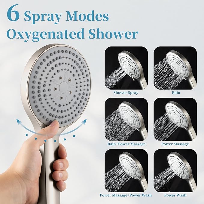 OFFO Handheld Shower Head Set, 6-Mode Brushed Nickel High Pressure Handheld Sprayer with 60" Stainless Steel Hose & Holder, High Flow Large Powerful Boosting Handheld Showerhead for Low Water Pressure
