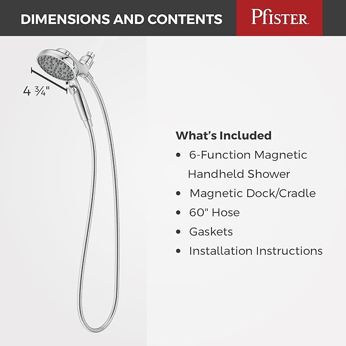 Pfister HydroFuse Handheld Shower Head with Magnetic Docking 6-Function High Pressure 2.5 GPM Polished Chrome Finish Hose Included for Bathroom Shower 016HFM01CC