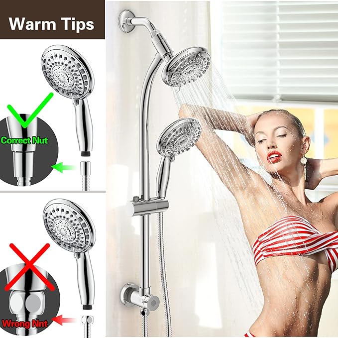 Handheld Showerhead & Rain Shower Combo for Easy Reach, 27.5" Drill-free Stainless Steel Slide Bar, 5”of 5-setting Handheld Shower and Showerhead, with 5ft Hose - Polished Chrome