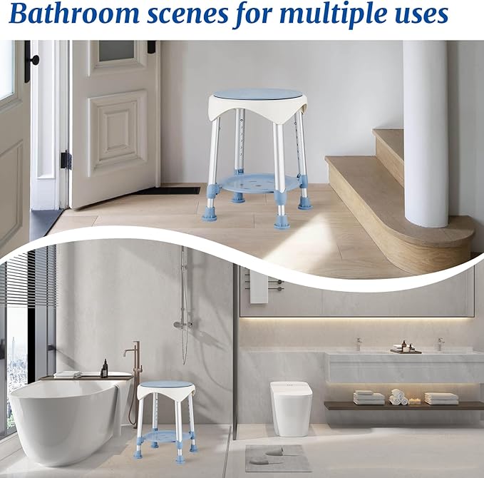 Shower Stool Chair for Inside Shower, Upgrade Small Corner Plastic Stool for Seniors Adult, 360° Swivel Shower Seat Stool for Bathroom, 6-Level Adjustable Height Bath Chair with Shelf